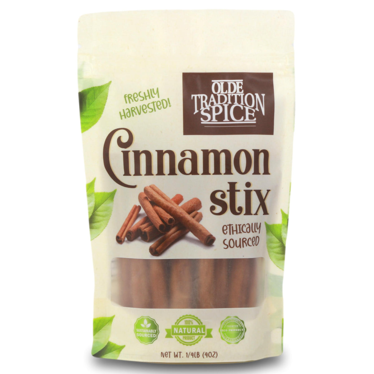 A stand-up pouch of Olde Tradition Spice Cinnamon Stix on a plain white background. The package is off-white with brown and green accents, featuring an illustration of cinnamon sticks and a clear window showing the cinnamon sticks inside.