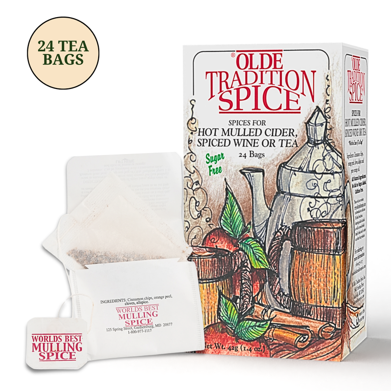 Olde Tradition Spice tea bags shown with their retail box and a single bag on a white background. The box features red lettering and an illustration of a teapot, mug, cinnamon, and ginger.