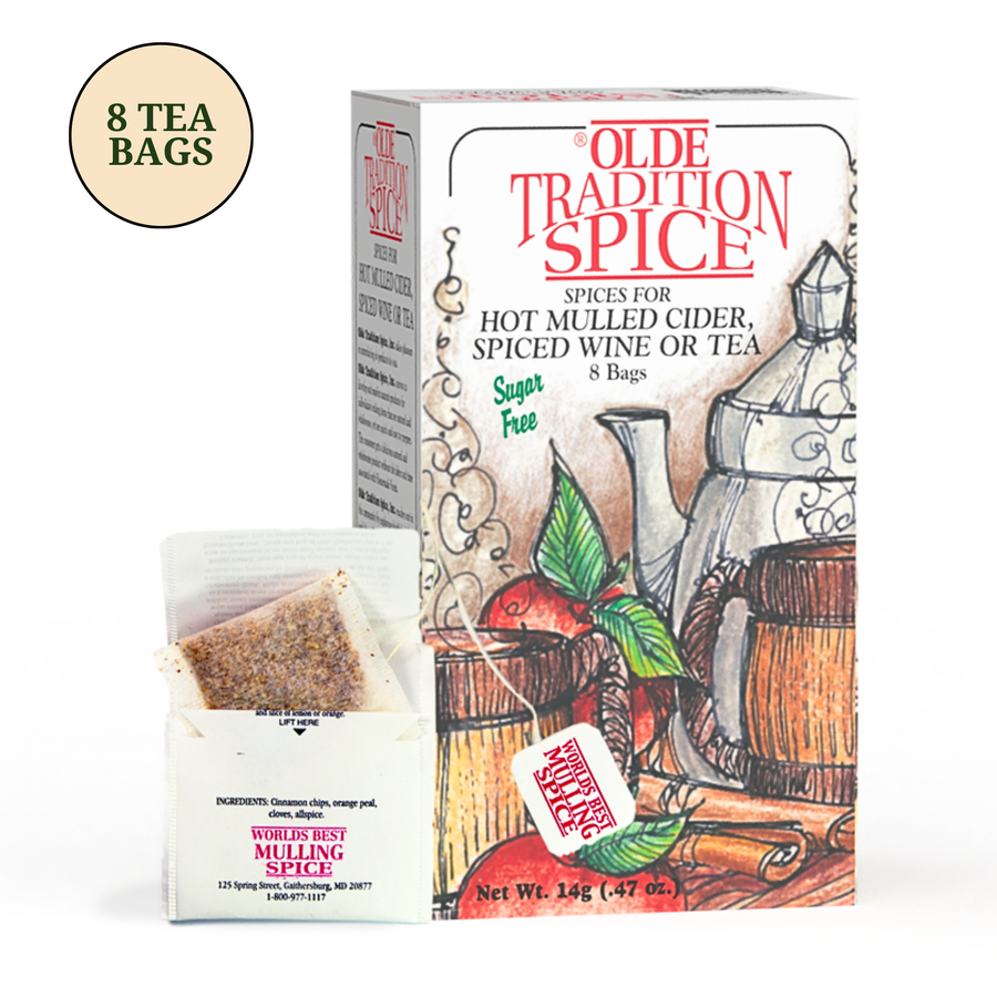 Olde Tradition Spice mulling spice tea packaging, showing the illustrated box, an open individual tea bag packet, and a beige circle callout that reads '8 TEA BAGS' on a white background.