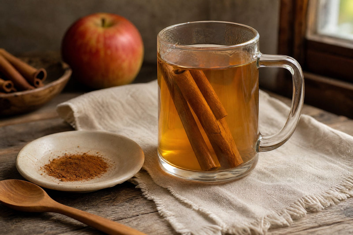 Whole cinnamon sticks actively infusing a warm tea or cider-like drink, with a small amount of freshly ground cinnamon beside it, to bridge the preceding