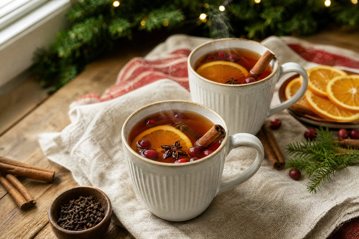 An original, inviting holiday tabletop photograph of freshly served mulled tea: two steaming cream ceramic mugs of amber spiced tea on a rustic wood