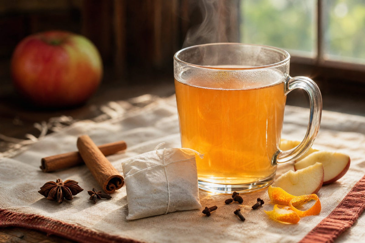 One steeping, unbranded mulling-spice teabag beside a finished mug of warm spiced apple cider, with whole spices and fruit garnish suggesting an easy