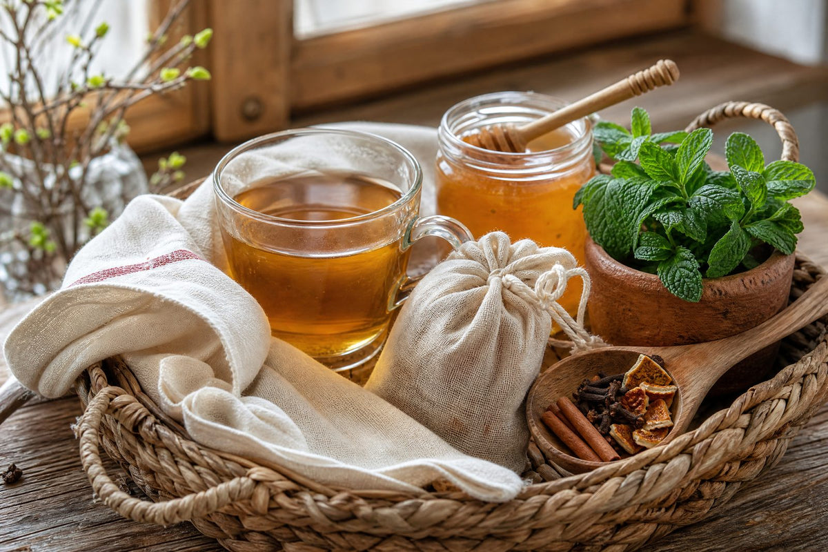 An unbranded, sustainable spring host-gift still life that brings together the gift ideas named above, linen, tea, honey, fresh herbs, reusable drinkware