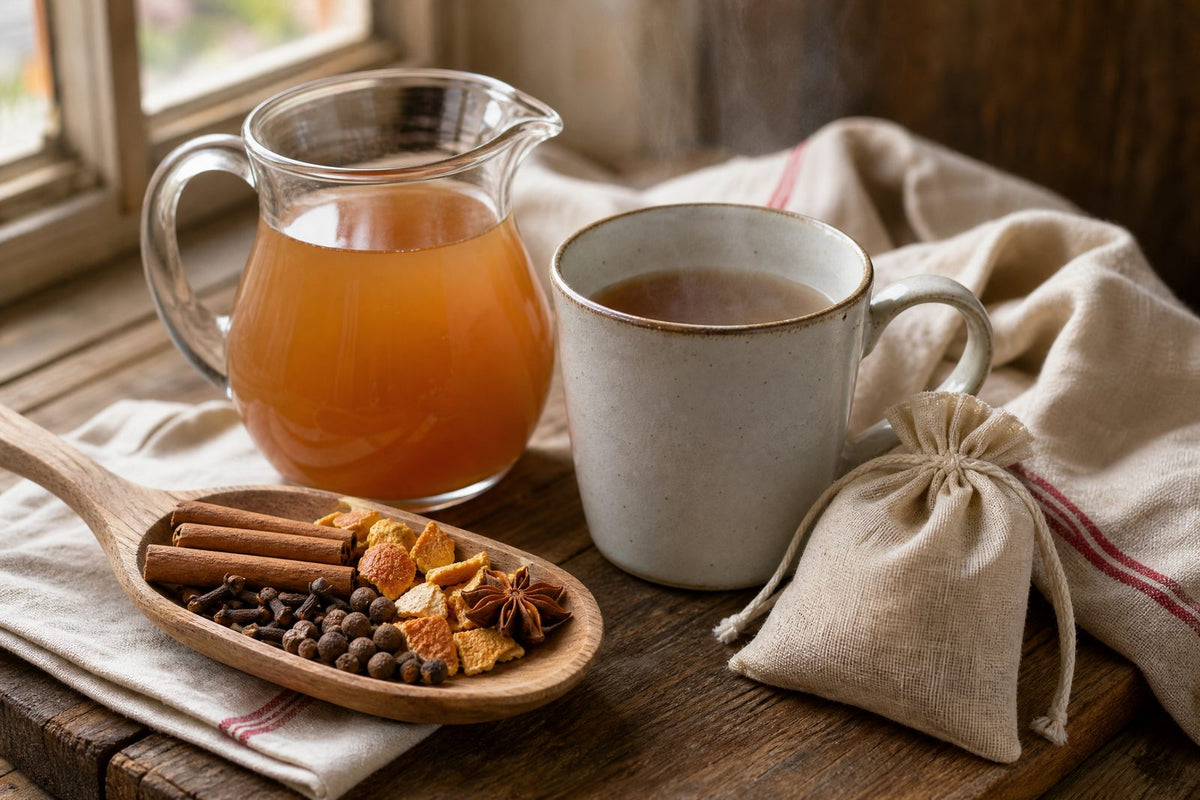 An original editorial still life showing the practical mulling-spice setup: a small spoonful of whole cinnamon sticks, cloves, allspice berries, dried