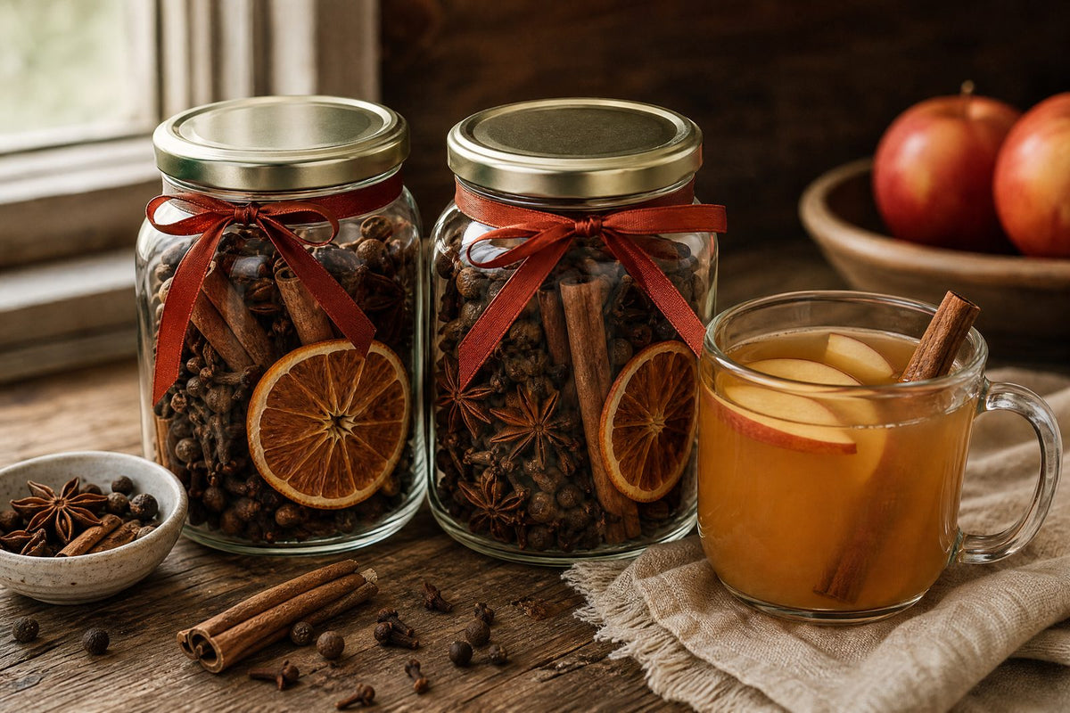 Two unbranded, gift-ready glass jars of whole mulling spices beside a finished mug of mulled apple cider, conveying the articles easy holiday-host gift