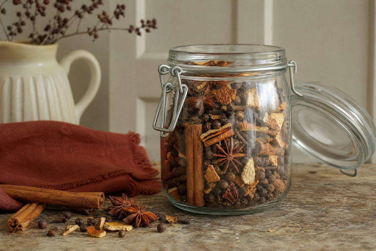 Whole mulling spices properly stored in a clear, unbranded airtight glass jar, with the lid set beside it and a small pinch of spices on the rustic