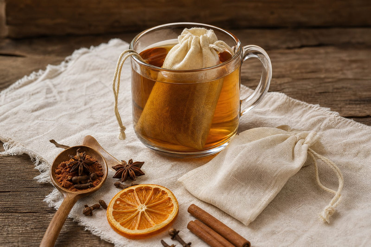A cotton muslin drawstring bag steeping a warmly spiced tea or cider in a clear glass mug, with a second empty muslin bag and whole mulling spices nearby