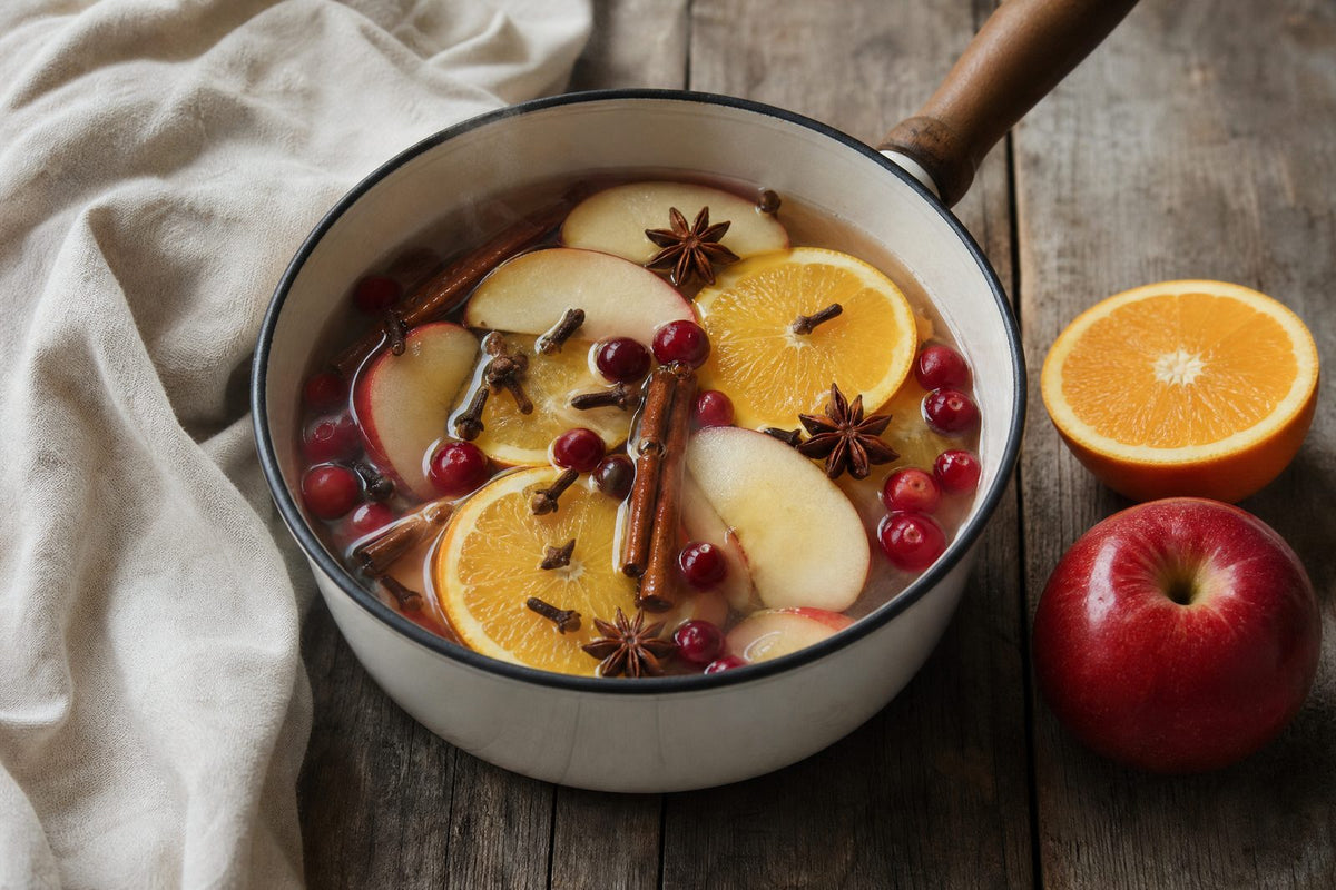 A gently simmering all-season fruit-and-spice pot, with apple slices, orange wheels, cranberries, whole cinnamon sticks, cloves, and star anise on a