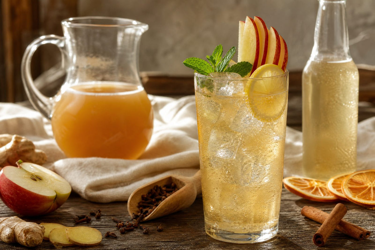 A sparkling apple-ginger mocktail on ice, photographed as the inviting, alcohol-free final example in the five-drink roundup and as a visual bridge into