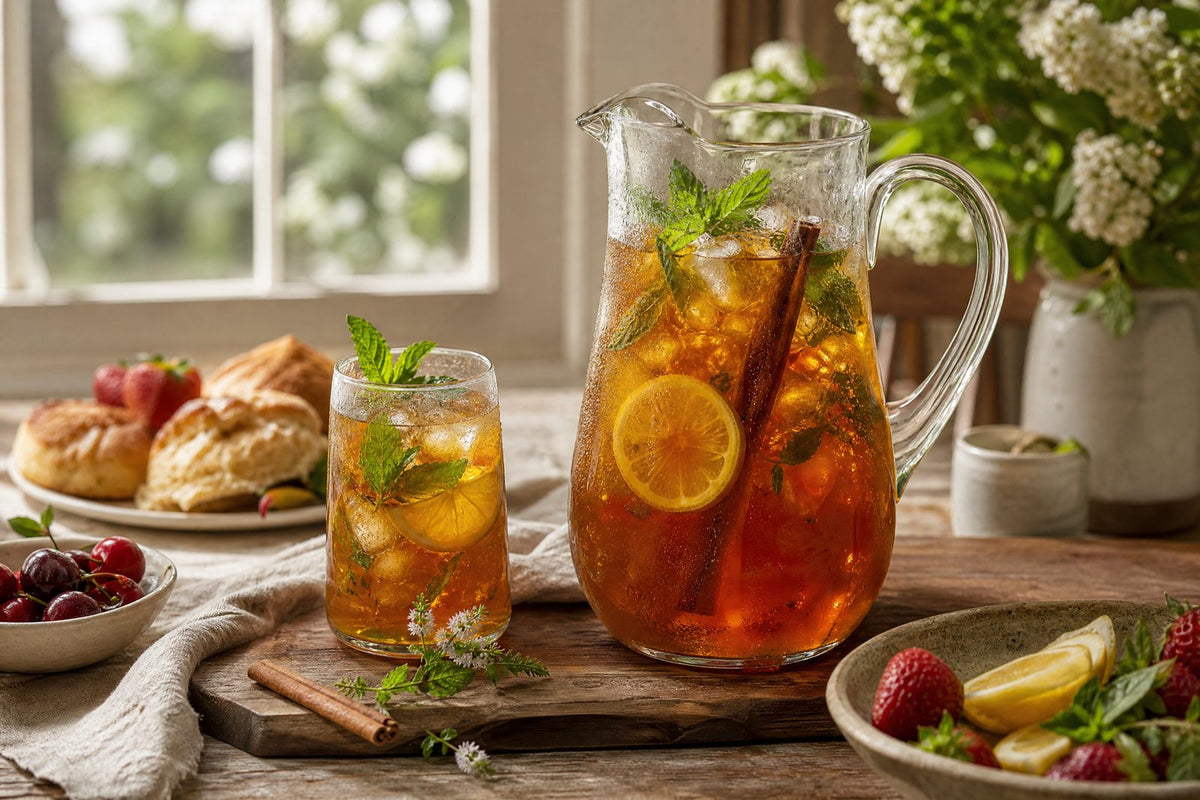 Spring brunch table centered on a clear glass pitcher of spiced iced tea, with lemon rounds, fresh mint, ice, and one cinnamon stick visible in the drink