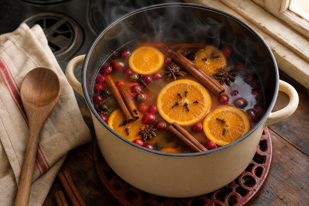 A gently steaming stovetop simmer pot of water with orange slices, cinnamon sticks, and loose whole mulling spices, photographed as an inviting