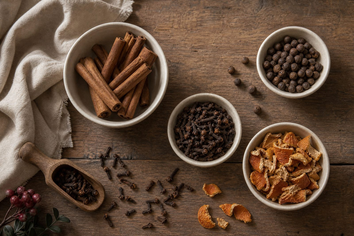 A tactile overhead still life of the four classic whole mulling-spice ingredients, cinnamon sticks, cloves, allspice berries, and curled dried orange