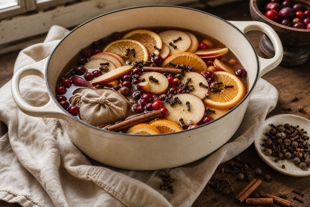 Stovetop simmer pot of warm spiced fruit and whole aromatics, with a small unbranded muslin spice sachet and loose cinnamon sticks, cloves, and allspice