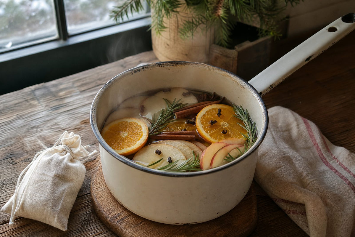 Winter simmer pot on a rustic kitchen surface, steam rising from water with orange slices, cinnamon sticks, cloves, rosemary, and a few apple slices