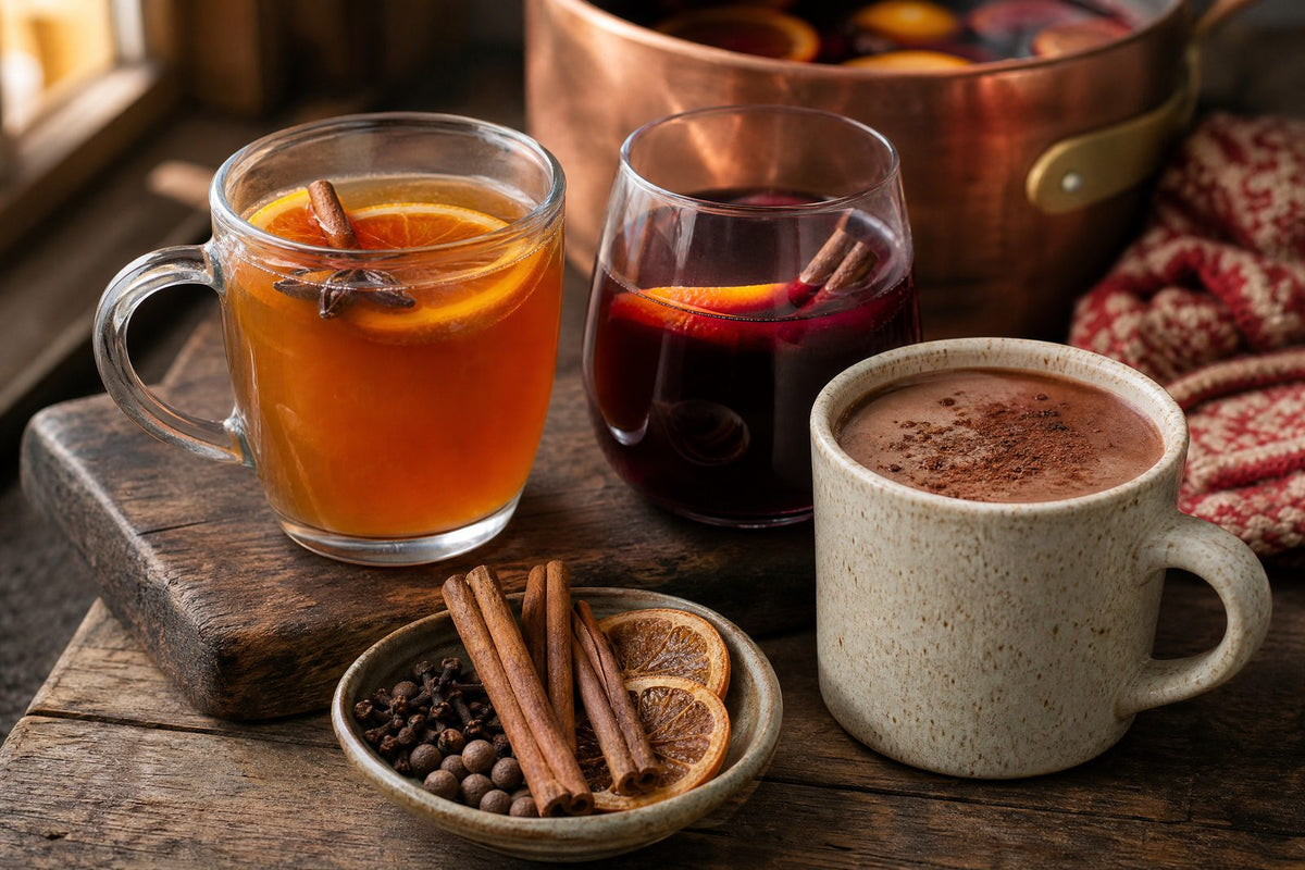 Cup of naturally spiced black tea, visibly steeping with whole mulling spices, presented as an approachable first-use ritual rather than a product shot