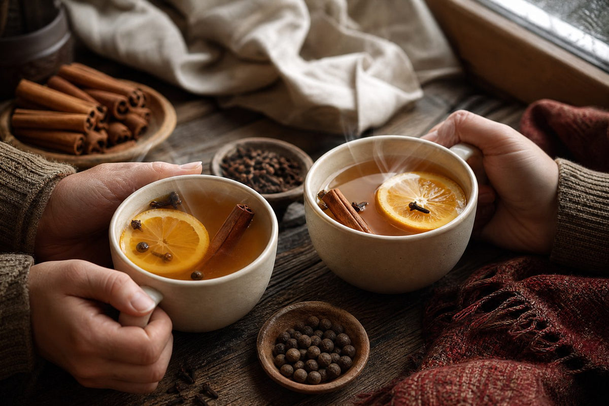 Two people enjoying mulled cider together on a cold winter day