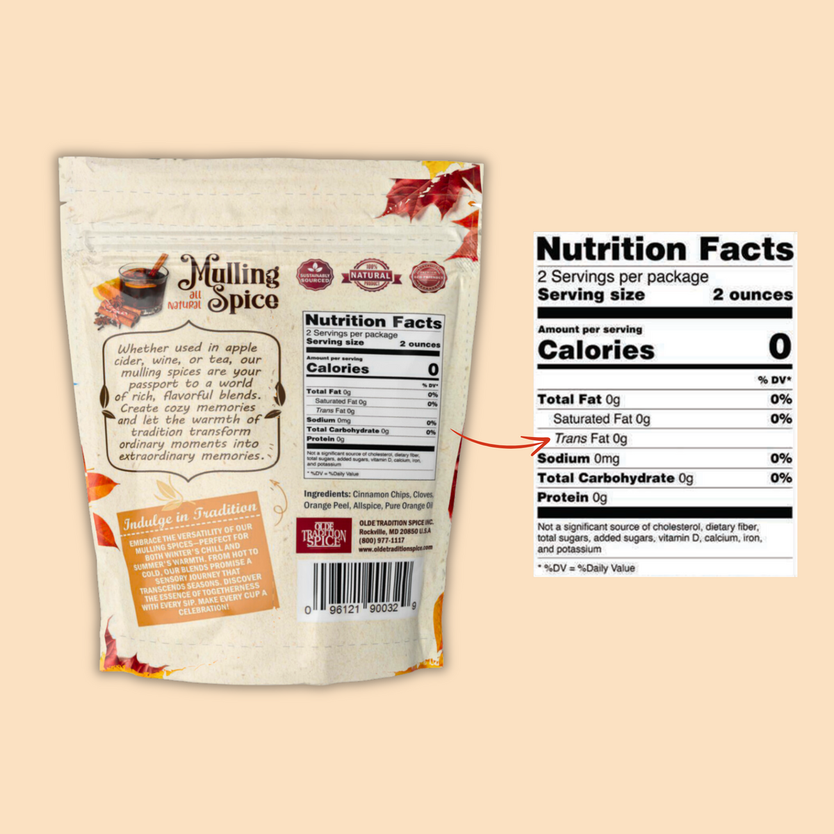 Mulling spice package with nutrition facts label on a beige background