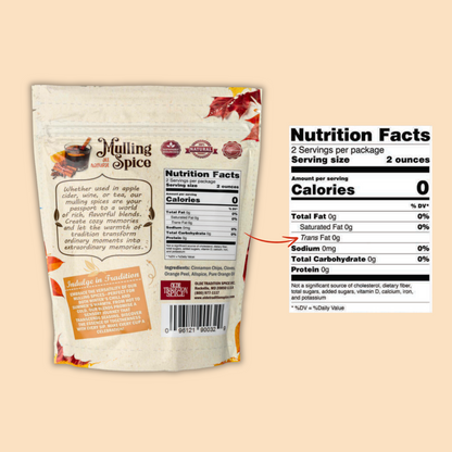 Mulling spice package with nutrition facts label on a beige background