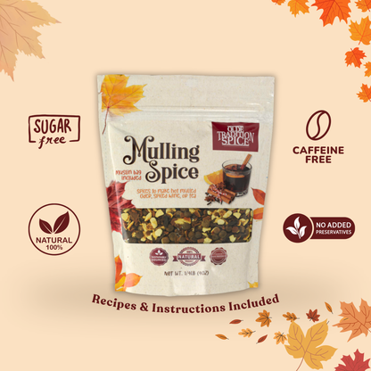 Package of Mulling Spice with autumn leaf decorations on a beige background