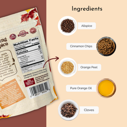 A product packaging and ingredients graphic for a cinnamon chip and orange peel spice blend. The left side shows the back of a kraft paper bag with a Nutrition Facts panel and a red arrow pointing to the ingredients list.