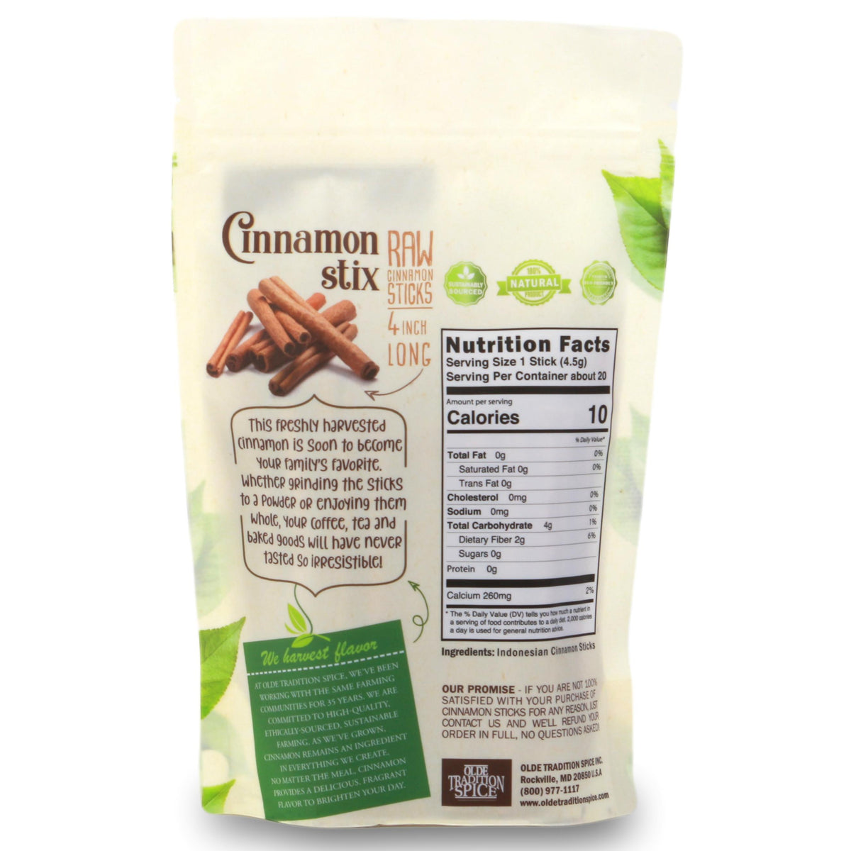 A stand-up pouch of Cinnamon Stix Raw Cinnamon Sticks on a plain white background, showing the back side of the packaging with product name, nutrition facts, ingredients, and green leaf graphics.