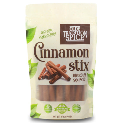 A stand-up pouch of Olde Tradition Spice Cinnamon Stix on a plain white background. The package is off-white with brown and green accents, featuring an illustration of cinnamon sticks and a clear window showing the cinnamon sticks inside.