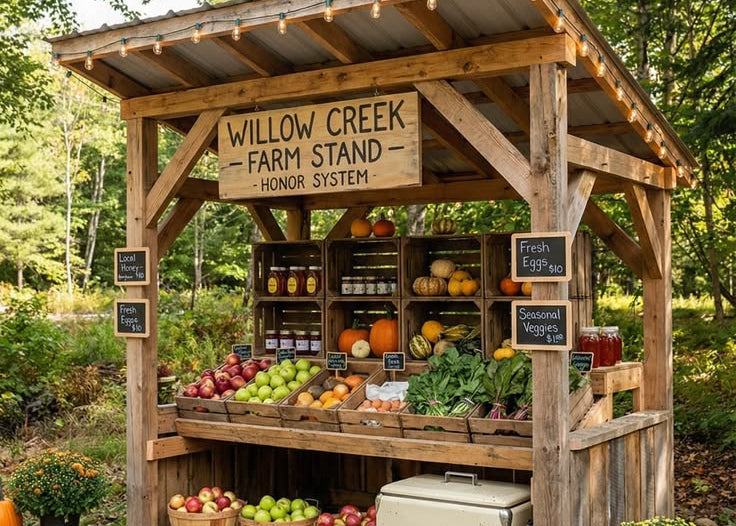 A rustic wooden farm stand kiosk labeled 'WILLOW CREEK FARM STAND' in an outdoor wooded setting. The stand holds baskets of apples, pears, citrus, greens, and other produce, with shelves of packaged goods and a cream-colored cooler on the lower shelf.