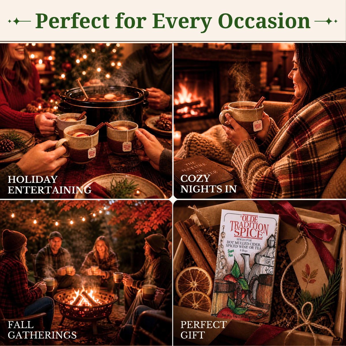 A four-panel promotional collage with the headline 'Perfect for Every Occasion' at the top. The panels show cozy warm scenes: people sharing mugs around a slow cooker and fireplace, people gathered around a fire pit at night, and a book titled 'Our Tradition Spice' presented in a gift box.