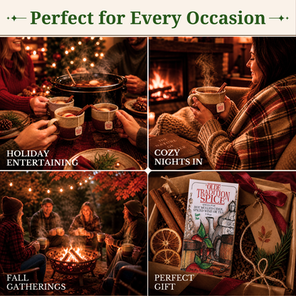A four-panel promotional collage with the headline 'Perfect for Every Occasion' at the top. The panels show cozy warm scenes: people sharing mugs around a slow cooker and fireplace, people gathered around a fire pit at night, and a book titled 'Our Tradition Spice' presented in a gift box.