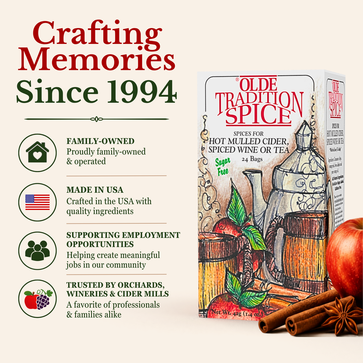 A box of Olde Tradition Spice hot spiced wine or tea bags shown on a beige promotional background with marketing text and icons. The box features vintage-style illustrations of a apothecary, spices, and fruit.