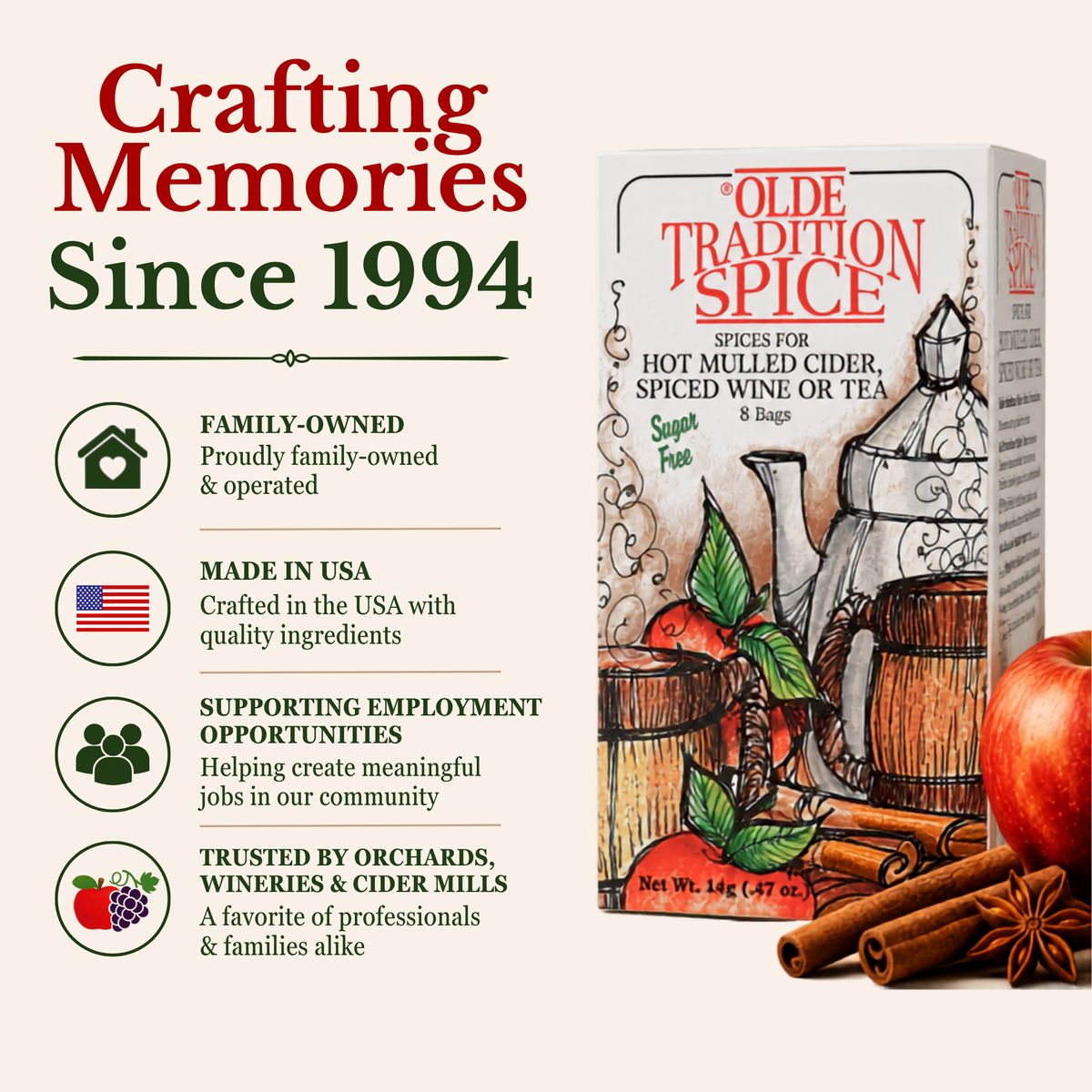 Olde Tradition Spice hot mulled cider, spiced wine, or tea bags shown with their retail box on a beige background. The box features rustic illustrations of a teapot, barrels, cinnamon, and an apple.