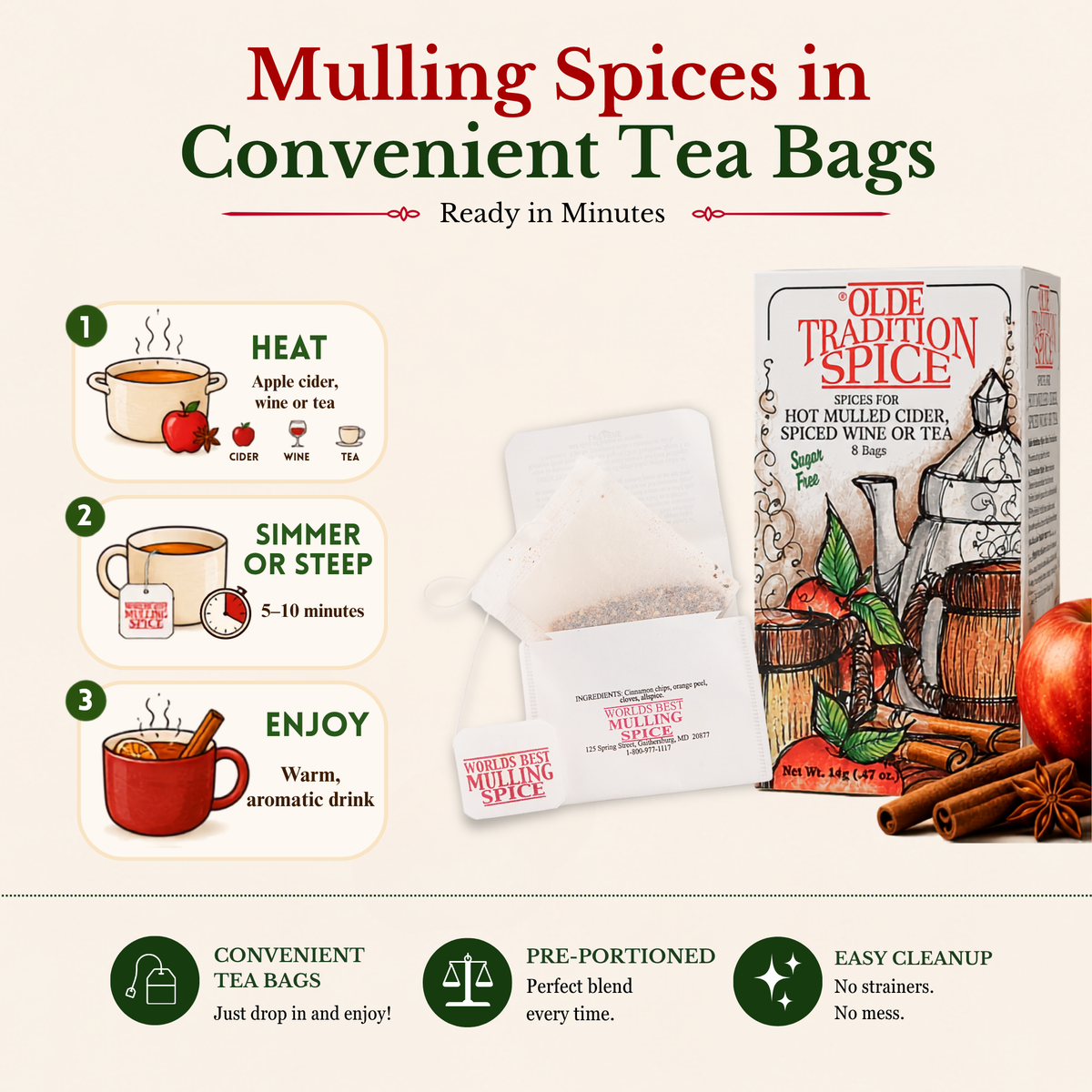 An infographic-style product listing image for Old Tradition Spice mulling spices in convenient tea bags. The right side shows the product box and a few tea bags with visible spice blends.