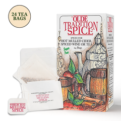 Olde Tradition Spice tea bags shown with their retail box and a single bag on a white background. The box features red lettering and an illustration of a teapot, mug, cinnamon, and ginger.
