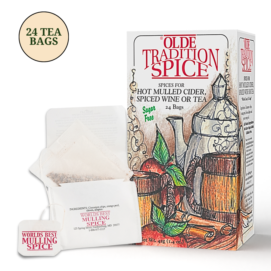 Olde Tradition Spice tea bags shown with their retail box and a single bag on a white background. The box features red lettering and an illustration of a teapot, mug, cinnamon, and ginger.