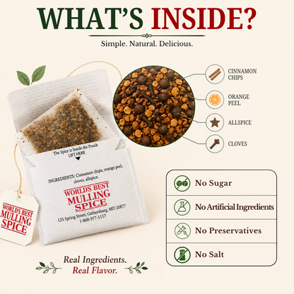 A product information graphic for 'World's Best Mulling Spice' tea bags. The image features a white tea bag packet with red and black text, a single tea bag showing the loose herbal blend, a circular inset of the spice blend, and a list of ingredients (cinnamon chips, orange peel, allspice, cloves) and benefits (no sugar, no artificial ingredients, no preservatives, no salt) on a light beige background.