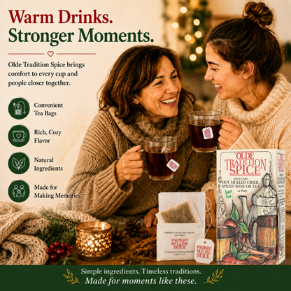 Two women smiling and holding mugs of tea in a cozy indoor setting, with Olde Tradition Spice tea bags and a branded tea box shown in the foreground. Text on the left highlights product benefits, and a green banner at the bottom reads, 'Simple ingredients.