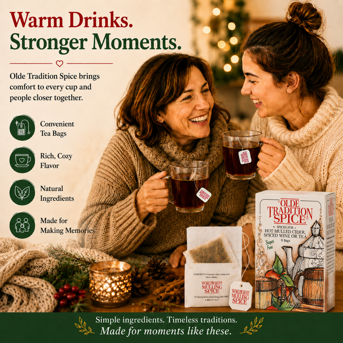 Two women smiling and holding mugs of tea in a cozy indoor setting, with Olde Tradition Spice tea bags and tea boxes displayed in the foreground. The image includes marketing text and product packaging for Olde Tradition Spice.