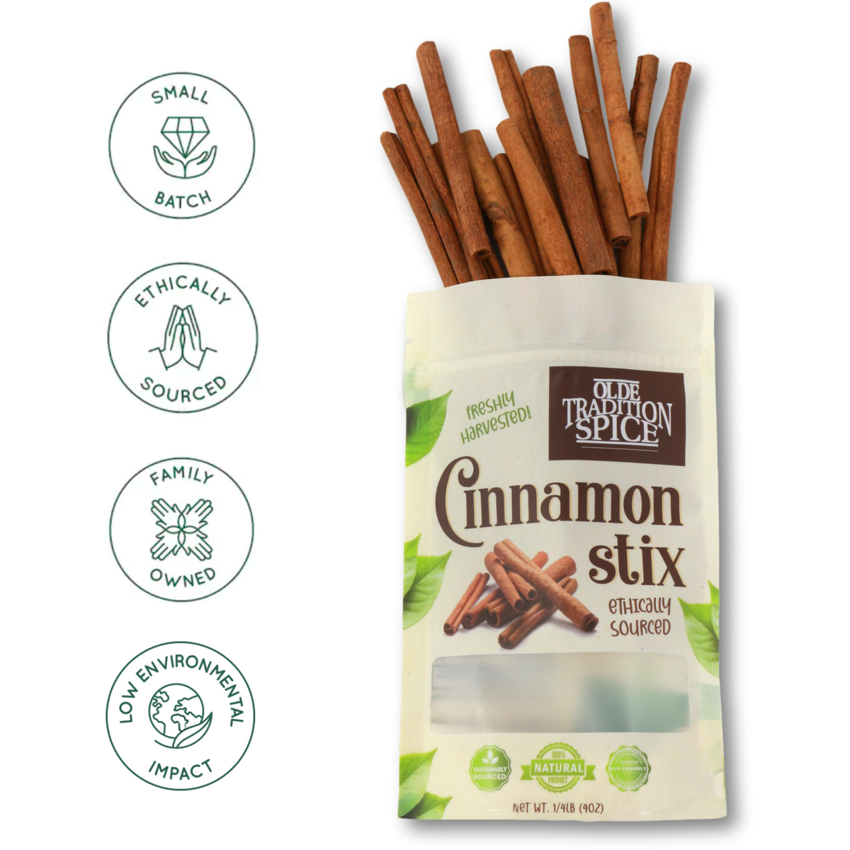 A package of Ode Tradition Spice Cinnamon Stix shown on a white background with four green circular icons on the left reading Small Batch, Ethically Sourced, Family Owned, and Low Environmental Impact. The package is a white stand-up pouch with a clear window showing brown cinnamon sticks, and additional cinnamon sticks are arranged above the package.